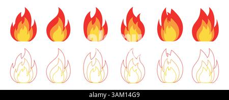 Feuersymbole gesetzt. Feuersymbolsatz. Feuer Illustration in flachem Stil, Satz von Brandvektorsymbolen. Feuerwarnschild. Vektorabbildung. Stock Vektor