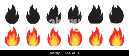 Symbol „Feuerflamme“. Brennendes Symbol. Sammlung von Feuersymbolen. Feuerflammensymbol. Feuerball-Schild. Energie-Illustration. Stock Vektor