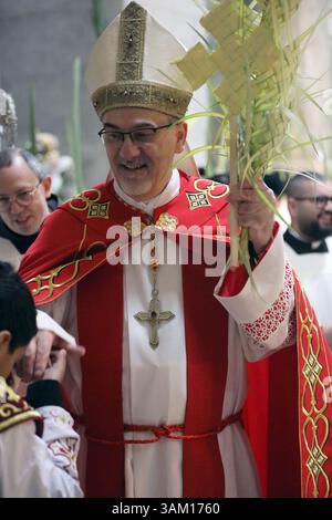 Jerusalem, Israel 13. April 2025 Mönche marschieren mit Dattelpalmenzweigen während der Palmensonntagzeremonie in der Grabeskirche. Pierbattista Pizzaballa, lateinischer Patriarch von Jerusalem, marschierte zwischen Mönchen, verzichtete auf einen Dattelpalmenzweig, während er einen koptischen Jungen segnte. Stockfoto