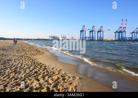 Danzig, Polen - 23. März 2025: Stogi-Strand an der Ostsee in Danzig. Große Kraniche im Hintergrund. Polen Stockfoto