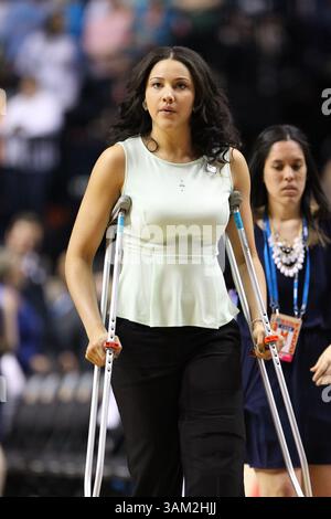 6. April 2014: Nashville, Tennessee, USA - Notre Dame Fighting Irish Forward Natalie Achonwa (11) wird in der ersten Runde der NCAA Women's Final Four Basketball Championship zwischen der University of Maryland und Notre Dame in der Bridgestone Arena ausgelassen. (Kreditbild: © Frank Mattia/ZUMAPRESS.com) Stockfoto