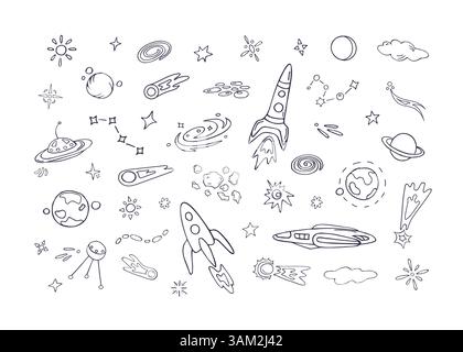 Raumobjekte, stilisierte handgezeichnete Kritzeleien Stock Vektor