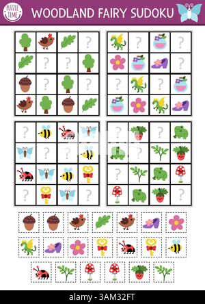 Vector Fairyland Sudoku Puzzle für Kinder mit Bildern. Einfaches Quiz zur Waldfee mit Schnitt- und Klebeelementen. Bildungsaktivität oder Ausmalseite mit Stock Vektor