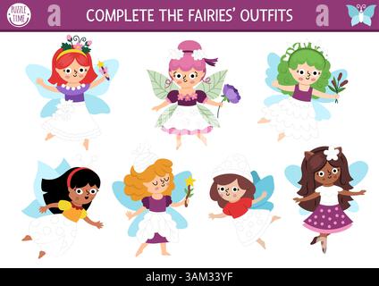 Fairyland Zeichnen, Schreiben, Nachzeichnen und Färben für Kinder mit niedlichen Waldfeen und ihren Kleidern. Fantasy Forest Vorschule bedruckbare AC Stock Vektor