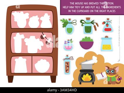Vektor Wald Fee Schnitt und Kleber Aktivität mit Maus Brautrank, Gläser, Schrank. Bastelspiel mit niedlichem Tiermagier, der kocht und aufräumt Stock Vektor