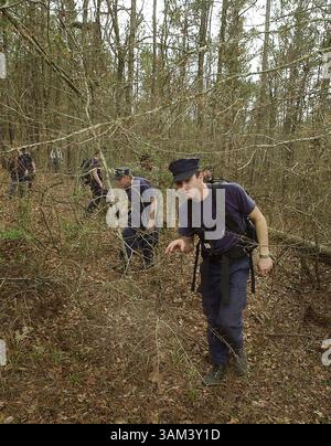 2. Februar 2003 - USA - KEINE MAGIE, KEINE VERKÄUFE BIS ZUM 16/2003 --KRT US NEWS STORY SCHLEPPTE: SHUTTLE KRT FOTO VON IAN MCVEA/FORT WORTH STAR-TELEGRAM (DALLAS OUT) (2. Februar) SAN AUGUSTINE, TX -- Andrew Conway und andere durchsuchen Wälder Sonntag, 2. Februar 2003 nach Trümmern des Space Shuttle Columbia, das am Samstag aufbrach. (gsb) 2003 (Kreditbild: © Ian McVea/mct/ZUMAPRESS.com) Stockfoto