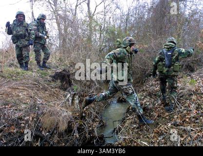 7. Februar 2003 - USA - KEINE KARTEN, KEINE VERKÄUFE -- KRT US NEWS STORY SCHLEPPTE: SHUTTLE KRT FOTO VON MICHAEL AINSWORTH/DALLAS MORNING NEWS (7. Februar) HEMPHILL, TX -- Soldaten der Nationalgarde suchen am 7. Februar 2003 nach Trümmern aus dem Space Shuttle Columbia in der Nähe von Hemphill, Texas. (gsb) 2003 (Kreditbild: © Dallas Morning News/mct/ZUMAPRESS.com) Stockfoto