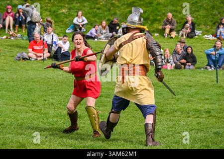 Dorchester, Dorset, Großbritannien. April 2025. Britannia Roman spielt eine Gladiator-Demonstration vor Zuschauern beim Dorchester Roman Festival in Maumbury Rings, Dorchester in Dorset. Die kostenlose Veranstaltung in Maumbury Rings, eine neolithische Henge, die von den Römern um 100 n. Chr. als Amphitheater genutzt wurde, ist Teil einer zweitägigen Veranstaltung, die während der Osterferien an verschiedenen Orten in der Stadt stattfindet. Bildnachweis: Graham Hunt/Alamy Live News Stockfoto