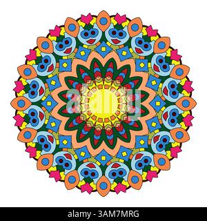Runde, bunte Mandala-Kunst mit kreisförmigem Blütenmuster Stock Vektor