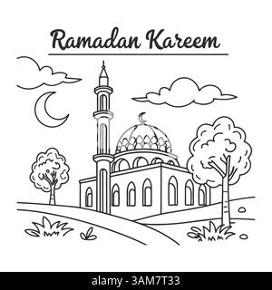 Linienzeichnung der Moschee mit Halbmond und Bäumen schwarz-weiß | islamische Malseite Stock Vektor