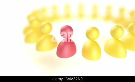 Warteschlange Menschenmenge ID gelbe und rote 3D-Symbole 3D-Rendering Stockfoto