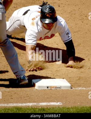 16. Juli 2006: Baltimore Orioles' erster Baseman Brian Roberts taucht zurück zur ersten Basis, während des fünften Inning. Die Orioles besiegten die Rangers 4-0 im Oriole Park at Camden Yards in Baltimore, Maryland, am Sonntag, den 16. Juli 2006. (John Makely/Baltimore Sun/MCT) (Bild: © John Makely/mct/ZUMAPRESS.com) Stockfoto
