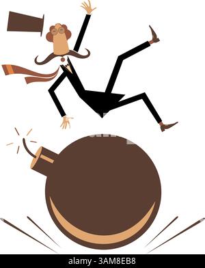 Ein verängstigter Mann mit einem Hut und einer Bombenexplosion. Bombe, Sicherung, Docht, Funken. Ein verängstigter Mann mit dem Hut, der von der Explosion der Bombe hochgeworfen wurde Stock Vektor