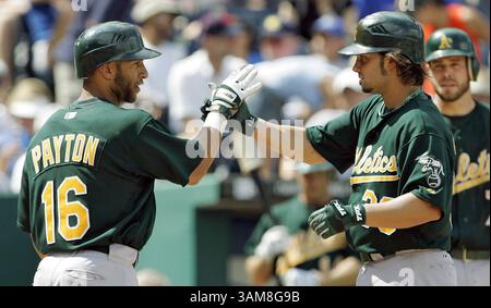 20. August 2006 – USA – Nick Swisher (33) (rechts) der Oakland Athletics wird von Teamkollege Jay Payton (16) gratuliert, nachdem er im achten Inning gegen die Kansas City Royals einen 2-RUN-Heimlauf geschlagen hatte. Die A besiegten die Royals mit 6:4, am Sonntag, den 20. August 2006, im Kauffman Stadium in Kansas City, Missouri. (John Sleezer/Kansas City Star/MCT) (Bild: © John Sleezer/mct/ZUMAPRESS.com) Stockfoto