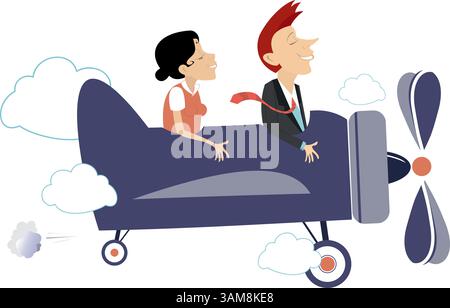 Glückliches junges Paar fliegt im Flugzeug. Ein junger Mann und eine junge Frau fliegen im Flugzeug. Isoliert auf weißem Hintergrund Stock Vektor