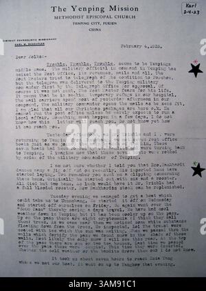 8. Dezember 2006 - USA - dieses Foto zeigt eine Kopie eines Briefes, der von methodistischen Missionaren in China in den 1920er Jahren verschickt wurde und einige der Schwierigkeiten beschreibt, denen sie ausgesetzt waren. (Mit freundlicher Genehmigung der Familie Johnson/MCT) (Kreditbild: © Johnson Family/mct/ZUMAPRESS.com) Stockfoto