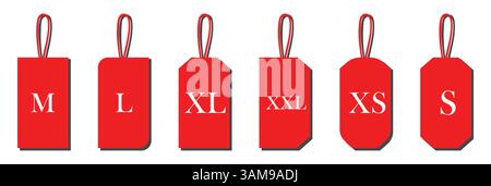 Bekleidungsetiketten in verschiedenen Größen. Vektorillustration isoliert auf weißem Hintergrund. Bekleidungsgröße Etikett Set, rosa Tags für Kleidung Vektor Stock Vektor