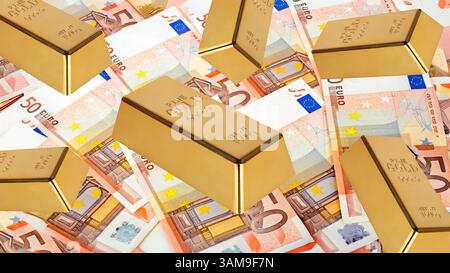 50 Euro-Scheine und Goldbarren Stockfoto