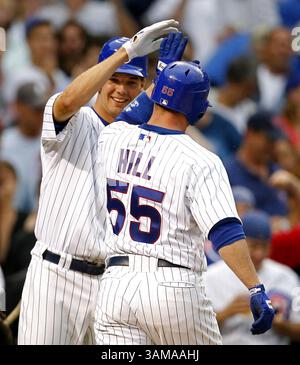 17. Juli 2007 – USA – Chicago Cubs Pitcher Rich Hill gratuliert Teamkollege Koyie Hill, der am Montag, den 16. Juli 2007, im dritten Inning gegen die San Francisco Giants im Wrigley Field in Chicago, Illinois, einen Solo-Home-Run erzielte. (Nuccio DiNuzzo/Chicago Tribune/MCT) (Kreditbild: © Nuccio Dinuzzo/mct/ZUMAPRESS.com) Stockfoto