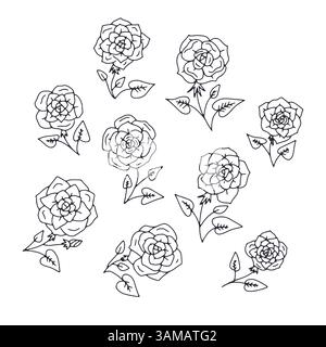 Handgezeichnetes schwarz-weiß umrissenes Doodle Rosenblumenbündel Stock Vektor