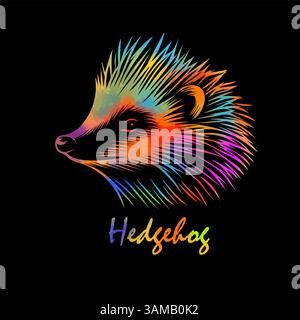 Farbiger Igel auf schwarzem Hintergrund. Handzeichnung. Nicht AI, Vektorillustration Stock Vektor
