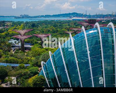 Singapur. Blick auf die Panorama-Skyline von Singapur aus der Vogelperspektive von den Gärten an der Bucht Stockfoto