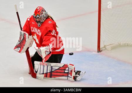 Budweis, Tschechische Republik. April 2025. Torhüterin Ann-Renee Desbiens (CAN) holt das zweite Tor in der Eishockey IIHF Frauen-Weltmeisterschaft, Gruppe A, Spiel Kanada gegen USA, Ceske Budejovice, Tschechische Republik, 13. April 2025 zurück. Quelle: Vaclav Pancer/CTK Photo/Alamy Live News Stockfoto