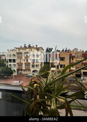 Blick von einem Fenster aus auf städtische Gebäude und Grünanlagen in einer städtischen Umgebung Stockfoto
