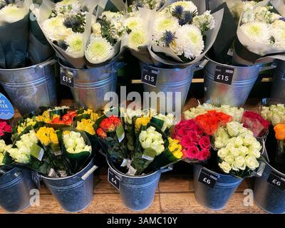 Blumensträuße von Roses und Eryngiums oder Verkauf im Supermarkt Stockfoto