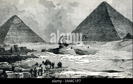 Diese Illustration aus der Mitte der 1800er Jahre zeigt die große Pyramide von Gizeh in Unterägypten. Diese Pyramide wurde von Khufu (Cheops) zusammen mit drei kleineren Pyramiden für seine Familie gebaut. Am Fuße des Damms, der von der Khafre-Pyramide führt, befindet sich die große Sphinx. Stockfoto