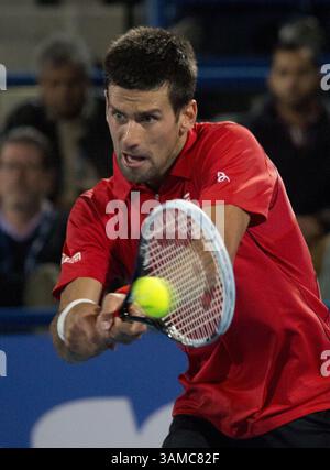 28. Dezember 2013: Abu Dhabi, VEREINIGTE ARABISCHE EMIRATE - Novak Djokovic besiegt David Ferrer 7.-5. Dezember 6-2 bei der Mubadala-Tennis-Weltmeisterschaft 2013 in Zayed Sports City in Abu Dhabi, VAE, Freitag, 28. Dezember 2013. (Bild: © Prensa Internacional/ZUMAPRESS.com) Stockfoto