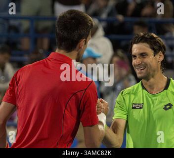 28. Dezember 2013: Abu Dhabi, VEREINIGTE ARABISCHE EMIRATE - Novak Djokovic besiegt David Ferrer 7.-5. Dezember 6-2 bei der Mubadala-Tennis-Weltmeisterschaft 2013 in Zayed Sports City in Abu Dhabi, VAE, Freitag, 28. Dezember 2013. (Bild: © Prensa Internacional/ZUMAPRESS.com) Stockfoto