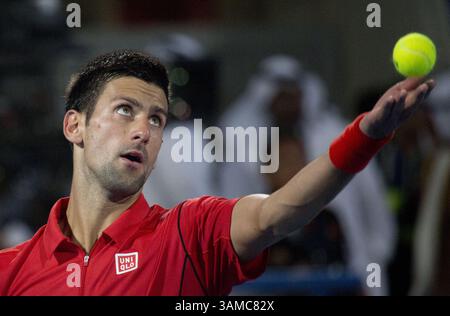 28. Dezember 2013: Abu Dhabi, VEREINIGTE ARABISCHE EMIRATE - Novak Djokovic besiegt David Ferrer 7.-5. Dezember 6-2 bei der Mubadala-Tennis-Weltmeisterschaft 2013 in Zayed Sports City in Abu Dhabi, VAE, Freitag, 28. Dezember 2013. (Bild: © Prensa Internacional/ZUMAPRESS.com) Stockfoto