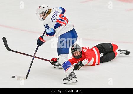 Budweis, Tschechische Republik. April 2025. L-R Hayley Scamurr (USA) und Kristin O'Neill (CAN) in Aktion während der Eishockey IIHF Frauen-Weltmeisterschaft, Gruppe A, Spiel Kanada gegen USA, Ceske Budejovice, Tschechische Republik, 13. April 2025. Quelle: Vaclav Pancer/CTK Photo/Alamy Live News Stockfoto