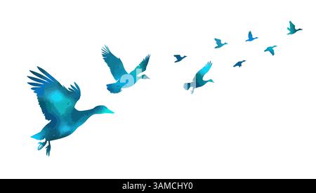 Eine Herde blauer Enten, die fliegen. Handzeichnung. Nicht AI. Vektorabbildung Stock Vektor