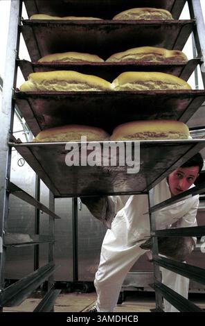 31. Mai 1999 - USA - KRT WORLD NEWS STORY SLUGGED: KOSOVO KRT FOTO VON AMI VITALE/KRT (KRT148 - 1. Juni) ein albanischer Flüchtling aus dem Kosovo hilft, Brot in einer neuen Bäckerei zu backen, die von der humanitären Organisation des Kriegskindes im Mai 30 in Kukes, Albanien, errichtet wurde. In Kukes, einer Grenzstadt mit 130 000 Flüchtlingen in fünf Lagern und in den Wohnungen ihrer 25 000 ständigen Bewohner, hat eine gewaltige Nothilfe für das Brotbacken begonnen. (KRT) PL BL KD 1999 (VERT.) (kn) (Bild: © PHOTOGNOSOURCE/mct/ZUMAPRESS.com) Stockfoto