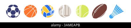 Sportausrüstung Set. Sportbälle wie Fußball, Fußball, Basketball, Baseball, Tennis und Badminton Rüschen. Glyphensymbole Stock Vektor