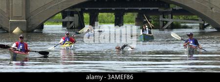 29. SEPTEMBER 1999 - STAMP, USA - KRT STAND ALONE US NEWS STORY SLUGGED: SWIMMER KRT FOTO VON JOE ROSSI/ST. PAUL PIONEER PRESS (6. Juli) BEMIDJI, MN – Martin Strel aus Slowenien schwimmt mit Hilfsbooten durch Bemidji, Minnesota, 6. Juli 2002, auf dem Weg, den mehr als 2.300 Meilen langen Mississippi zu schwimmen. (SP) NC KD BL 2002 (Horiz) (gsb) (Kreditbild: © St. Paul Pioneer Press/mct/ZUMAPRESS.com) Stockfoto