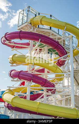 Great Stirrup Cay die Bahamas, Norwegian Cruise Line NCL Breakaway Schiff 11-tägige Route in der östlichen Karibik, an Bord von außen, drehende Spiralwat Stockfoto