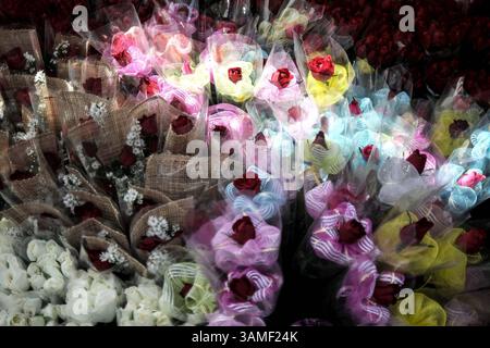 13. Februar 2014 - Manila, Philippinen - Rosen zum Verkauf werden am 13. Februar 2014 auf dem Dangwa Blumenmarkt in Manila, Philippinen, gesehen. Viele Blumenhändler haben begonnen, zum Valentinstag Sträuße und Rosen zu verkaufen. (Bild: © Ezra Acayan/ZUMAPRESS.com) Stockfoto