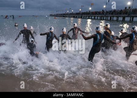 23. März 2014 - Melbourne, Victoria, Australien - die Profi-Frauen-Rennfahrer starten am Sonntag, 23. März 2014, bei der IRONMAN Asia-Pacific Championship in Melbourne, Australien das Schwimmbein. (Bild: © Sydney Low/ZUMAPRESS.com) Stockfoto