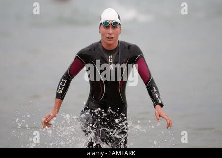 23. März 2014 – Melbourne, Victoria, Australien – CAROLINE STEFFEN (SUI) beendet das Schwimmbein am Sonntag, den 23. März 2014, als zweiter Platz bei der IRONMAN Asia-Pacific Championship in Melbourne, Australien. (Bild: © Sydney Low/ZUMAPRESS.com) Stockfoto