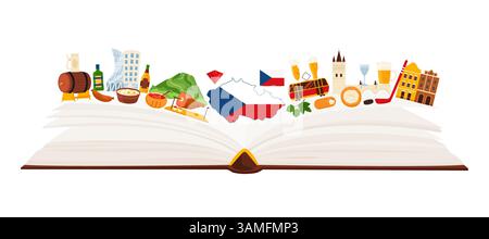 Kulturelemente und Wahrzeichen der Tschechischen Republik, tschechische Sprachstudien in Infografik-Collage mit offenem Reiseführer und Essen, historische Stadtgebäude und Kulturerbe, Vektorillustration für Bierkrickfilme Stock Vektor