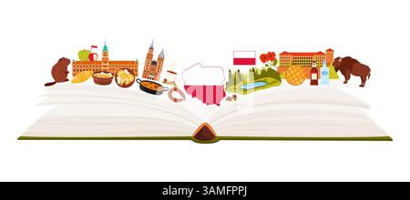 Reisen Sie nach Polen Infografik-Collage mit kulturellen Elementen und berühmten polnischen Wahrzeichen auf Seiten eines großen Buches. Flagge und Landkarte des Landes, alte Architektur und Lebensmittel Cartoon Vektor Illustration Stock Vektor