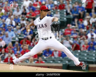 11. April 2014: Arlington, Texas, USA – die Texas Rangers, die den Pitcher YU DARVISH starten, kämpfen im Globe Life Park gegen die Houston Astros. Die Rangers gewannen das Spiel mit 1:0. (Kreditbild: © Richard W. Rodriguez/MCT/ZUMAPRESS.com) Stockfoto