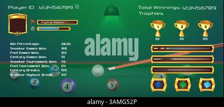 Startseite des Billard-App-Spiels. Mit Score Cue Trophäe, Level, Profil, UI UX Game Design, American Billard, Vector Illustration Stock Vektor