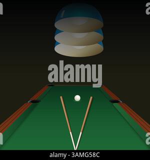 Billardbällchen auf dem Tisch mit einem Queue und Bällen. Amerikanische Billard, Snooker Tischleuchte, Vektor-Illustration Stock Vektor