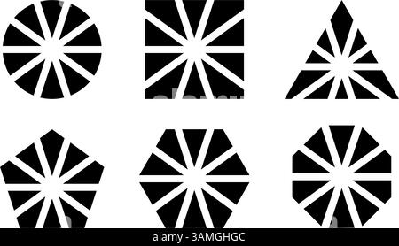 Geometrische Formen unterteilt in 10 Segmente, isoliert auf weißem Hintergrund. Rund-, Quadrat- und Dreieck-, pentagon-, Sechseck- und Achteckdiagramme oder Diagramme, die in zehn Schichten geschnitten sind. Vektorgrafik. Stock Vektor