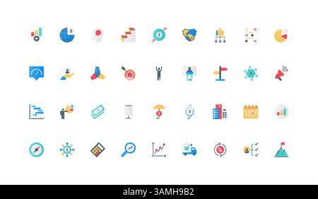 Farbsymbolgruppe für Geschäftsprozessorganisation, Unternehmens- und Unternehmensmanagement. Mitarbeiterschulung und Teamarbeit, Zielerreichung, Gewinnwachstum, KPI-Analyse flache Elemente Vektorillustration Stock Vektor