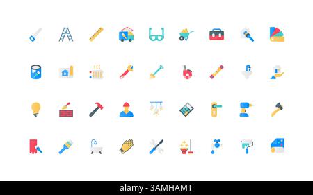 Reparatur und Wartung von Häusern, Handwerker Werkzeuge und Renovierungsmaterialien Farbsymbole Set. Baumeister und Elektriker Werkzeugkasten, Bauziegelwand und Sanitär flache Elemente Vektorillustration Stock Vektor